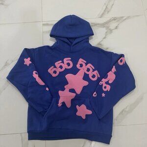Sp5der 555 Graphic Hoodie Men’s Size Large Blue Pink Pullover Streetwear